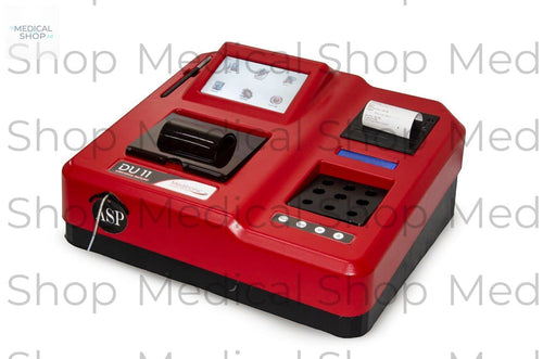 Medical store DU11 Versatile Biochemistry Analyzer with dual optical systems and LED light source. Red casing.