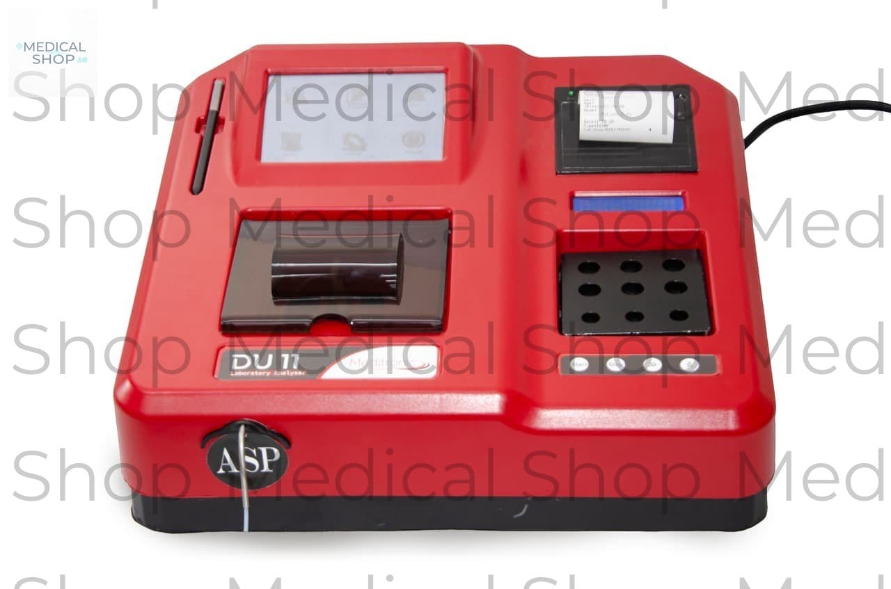 Medical store DU11 Versatile Biochemistry Analyzer with dual optical systems and LED light source. Red casing.