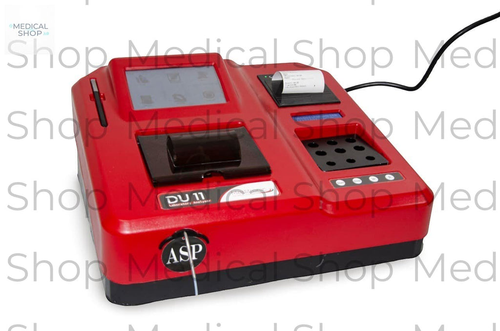 Medical store DU11 Versatile Biochemistry Analyzer with dual optical systems and LED light source. Red casing.