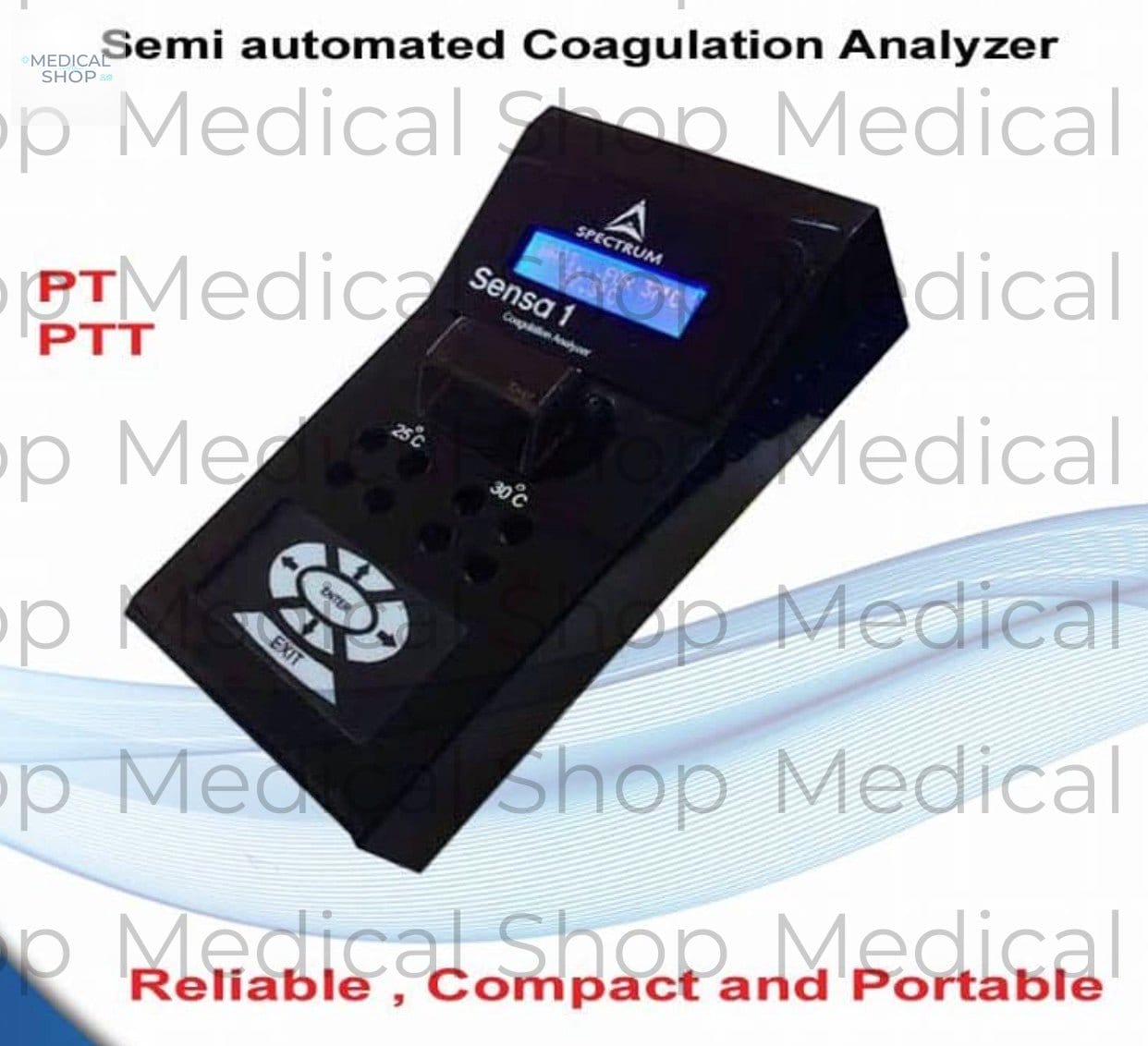 Medical store Sensa 1 semi-automated coagulation analyzer with PT/PTT testing capabilities. Black, compact, and portable device with LCD screen.