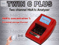 Medical store TWIN C PLUS dual-channel HbA1c analyzer with a 5-inch touchscreen and voice guide for HbA1c concentration and eAG monitoring.
