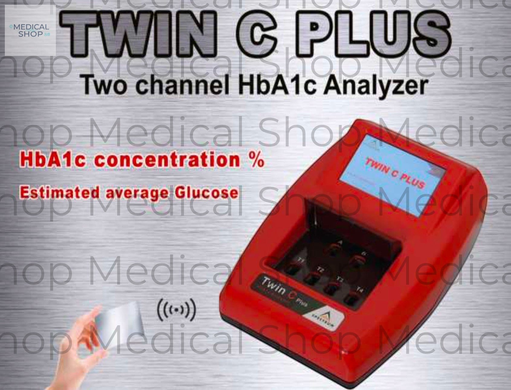 Medical store TWIN C PLUS dual-channel HbA1c analyzer with a 5-inch touchscreen and voice guide for HbA1c concentration and eAG monitoring.